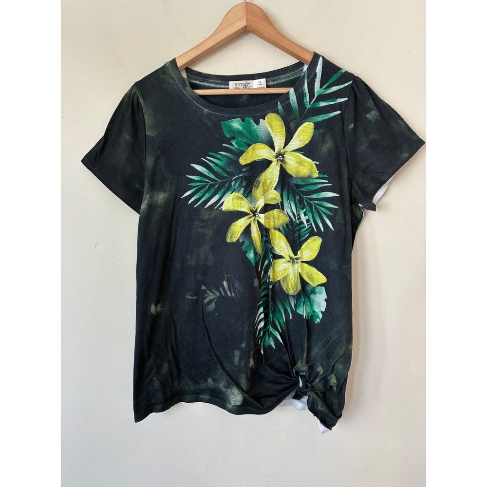 Time and Tru Womens 0X 14W Lime Green Black Tie Dye Short Sleeve Top Grunge